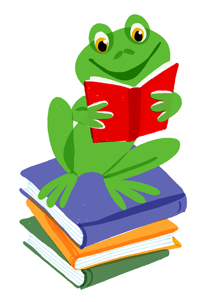 Illustration: (vor)lesender Frosch auf Bücherstapel