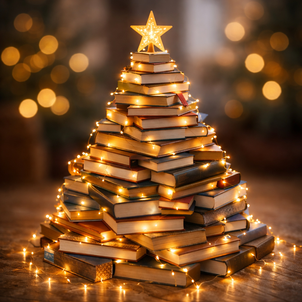 Christbaum aus gestappelten Büchern mit Lichterkette